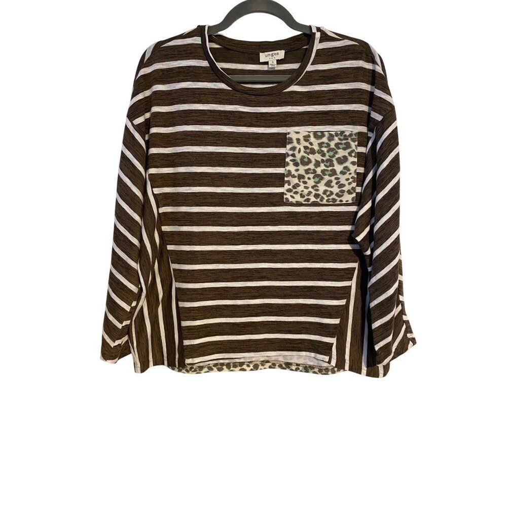 Umgee Womens Top Oversized Size S Striped Leopard Print Bohemian Artsy Casual